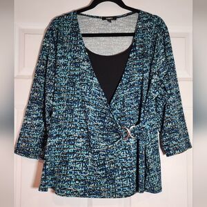 Elementz Blue And Black Patterned Crossover Front 3/4 Sleeve Blouse XL